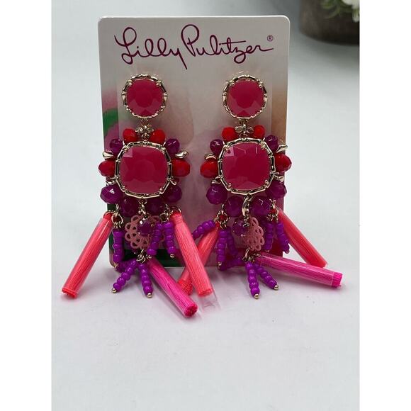 LILLY PULITZER Waterside Earrings Kitschy Coral Pink Crystal‎ Pierced Dangle New - Picture 4 of 10